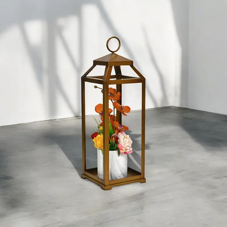 29" Gold Geometric Metal Floor Lantern Candle Holder