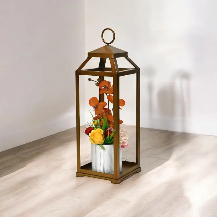 29" Gold Geometric Metal Floor Lantern Candle Holder