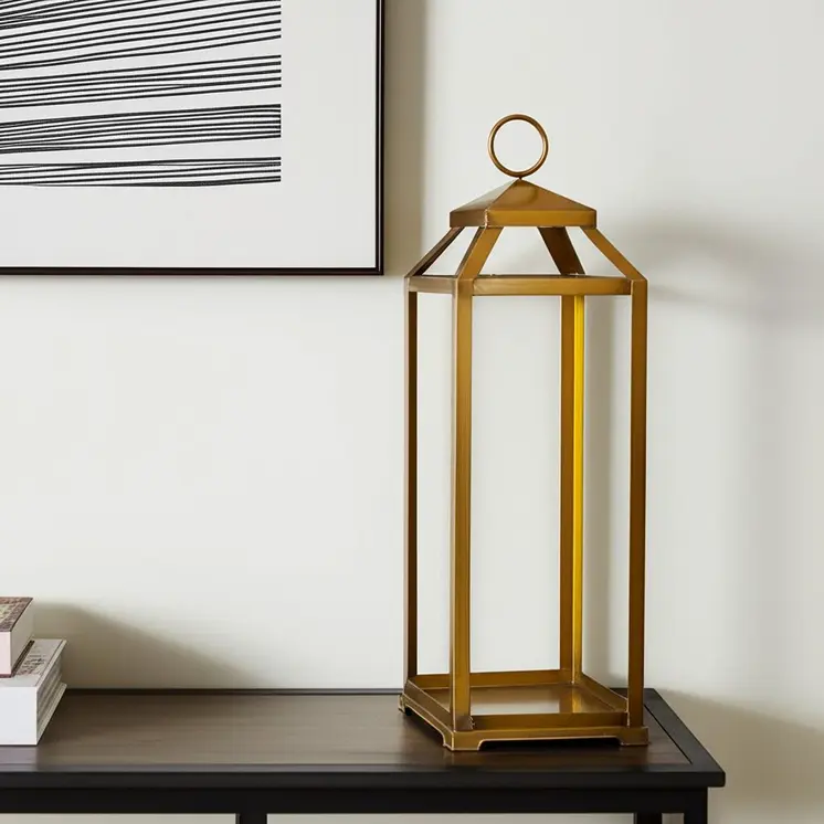 29" Gold Geometric Metal Floor Lantern Candle Holder