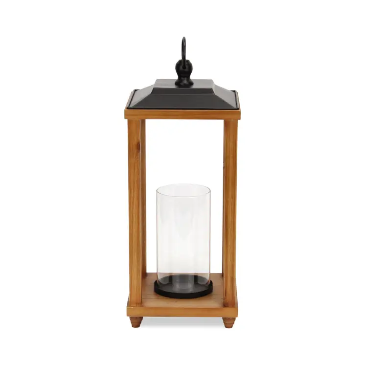 21" Brown And Black Geometric Metal And Solid Wood Tabletop Lantern Candle Holder