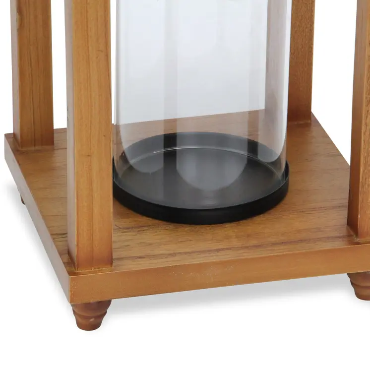 21" Brown And Black Geometric Metal And Solid Wood Tabletop Lantern Candle Holder
