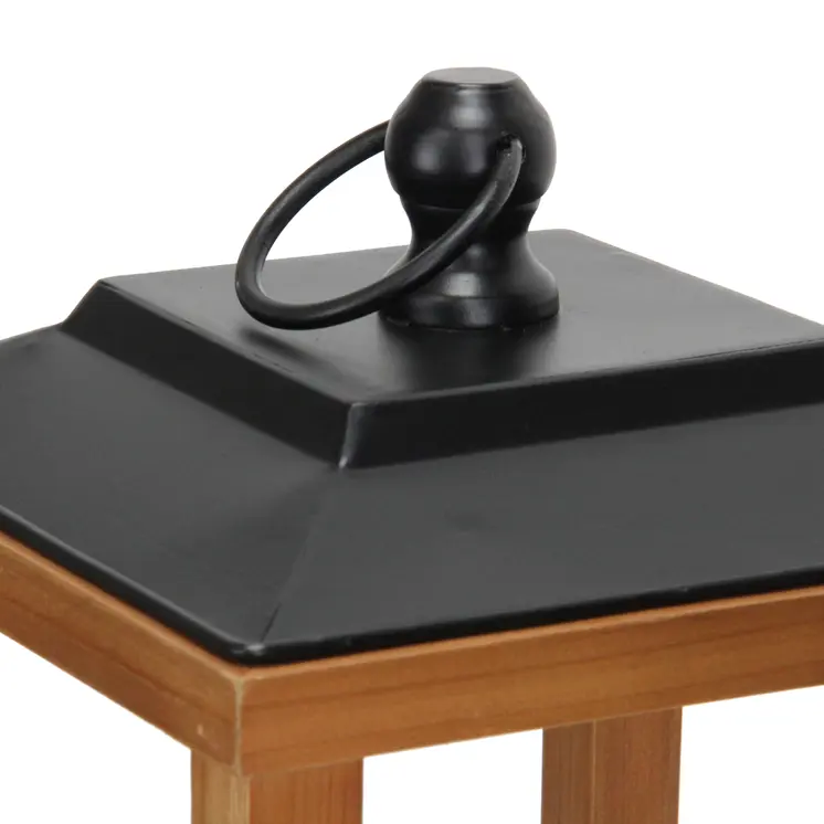 21" Brown And Black Geometric Metal And Solid Wood Tabletop Lantern Candle Holder
