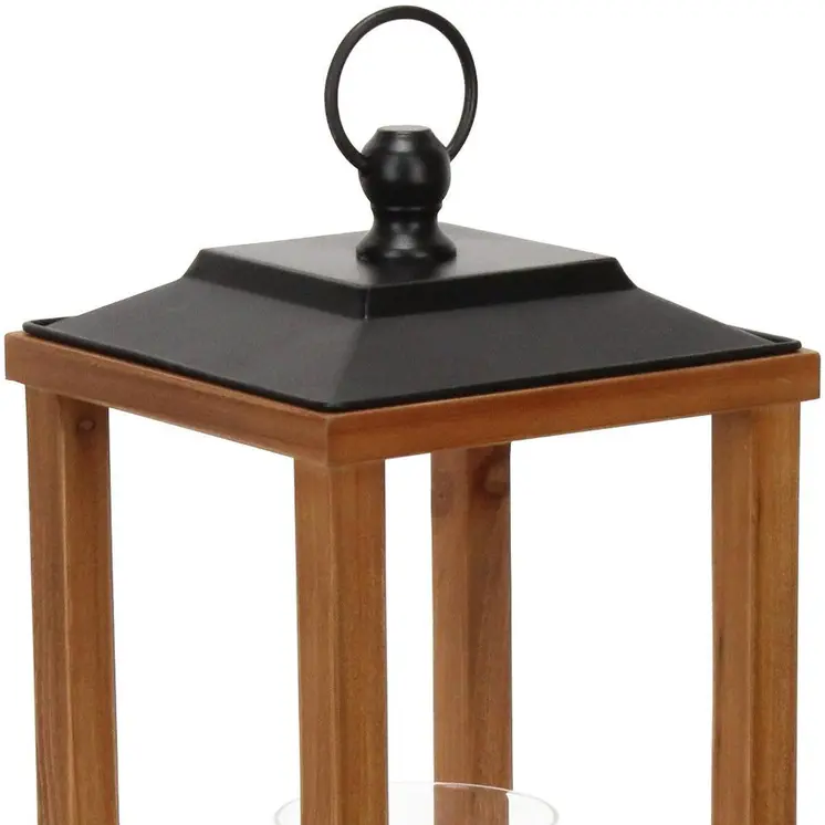 21" Brown And Black Geometric Metal And Solid Wood Tabletop Lantern Candle Holder