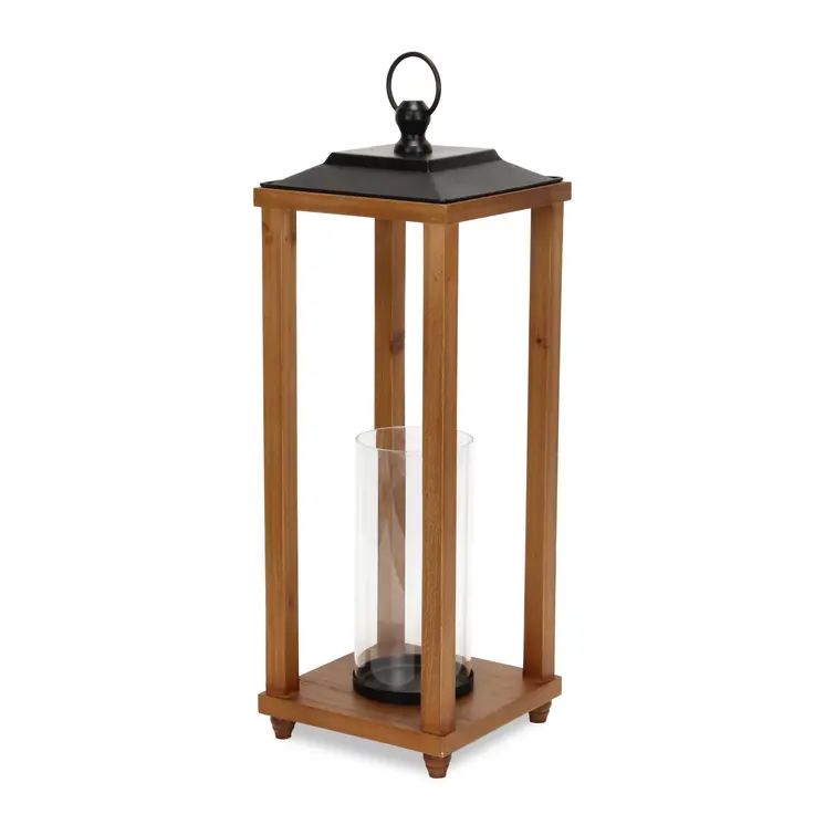 24" Brown And Black Geometric Metal And Solid Wood Floor Lantern Candle Holder