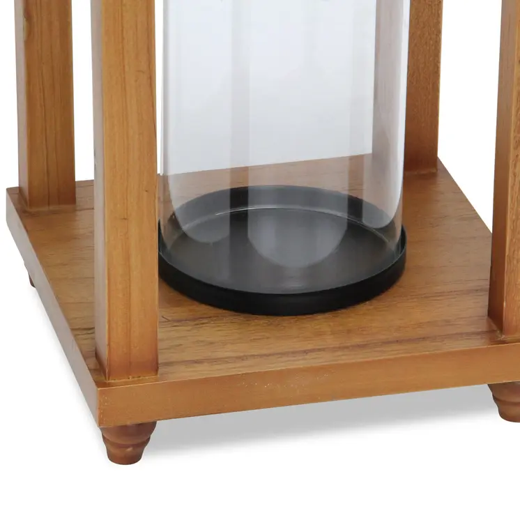 24" Brown And Black Geometric Metal And Solid Wood Floor Lantern Candle Holder