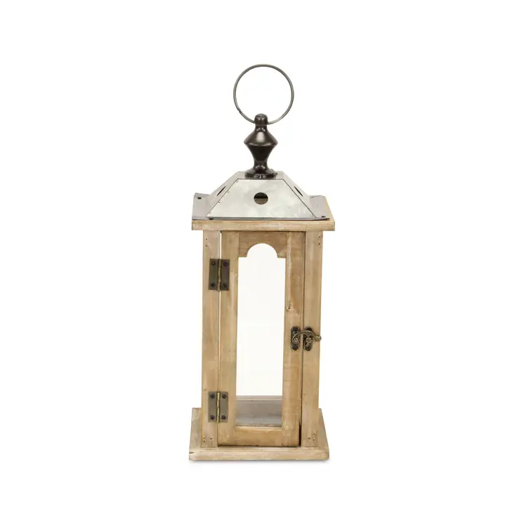 16" Natural And Gray Geometric Metal And Solid Wood Tabletop Lantern Candle Holder