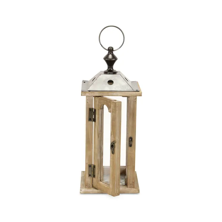 16" Natural And Gray Geometric Metal And Solid Wood Tabletop Lantern Candle Holder