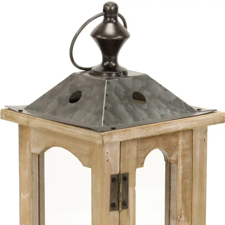 16" Natural And Gray Geometric Metal And Solid Wood Tabletop Lantern Candle Holder