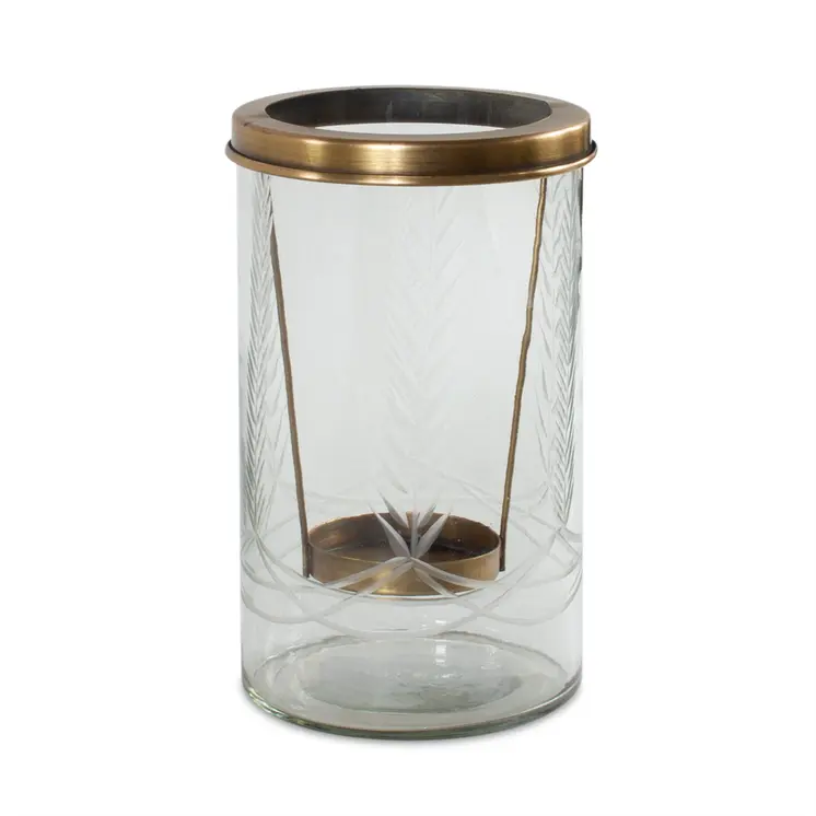 9" Clear And Gold Botanical Leaf Glass And Metal Tabletop Hurricane Candle Holder