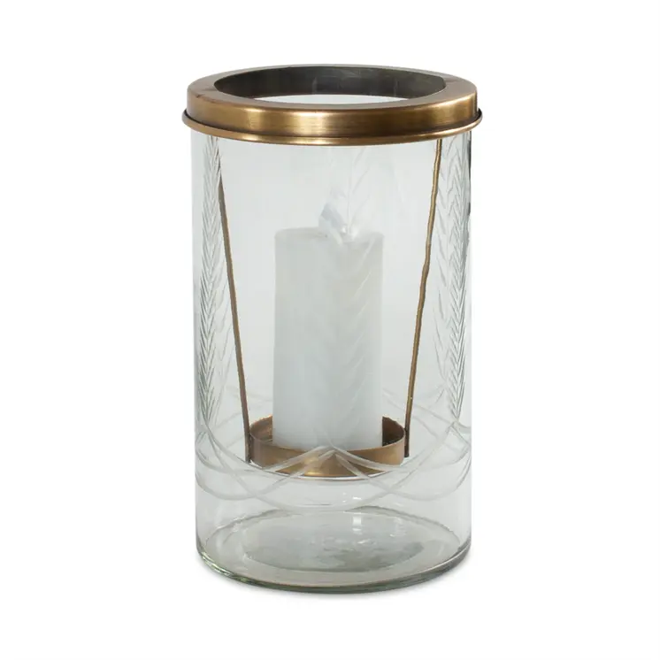 9" Clear And Gold Botanical Leaf Glass And Metal Tabletop Hurricane Candle Holder