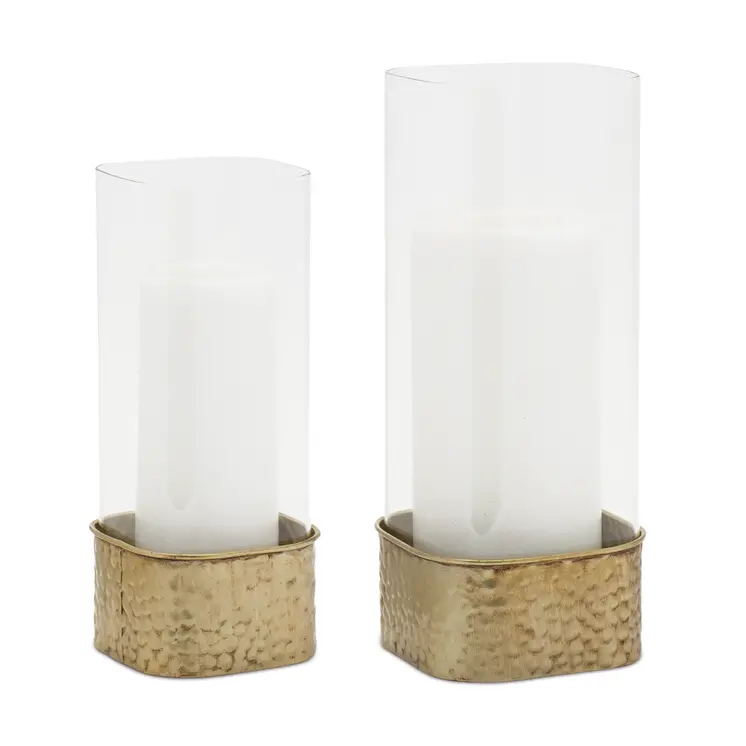 Set of Two Clear And Gold Hammered Glass And Metal Tabletop Hurricane Candle Holders