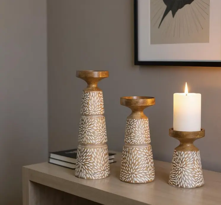 Set of Three Brown And White Distressed Floral Resin Tabletop Pillar Candle Holders