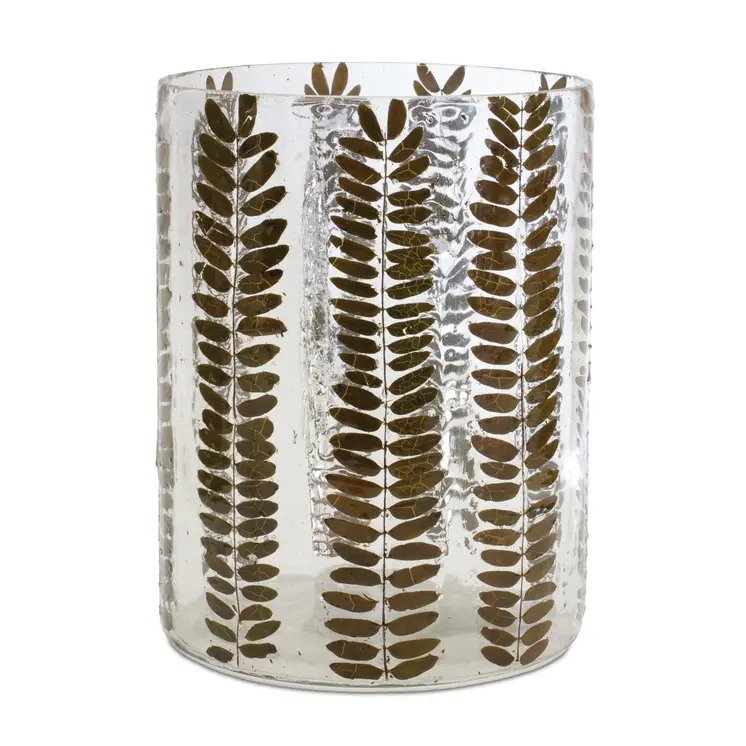 8" Clear And Green Botanical Leaf Glass Tabletop Pillar Candle Holder