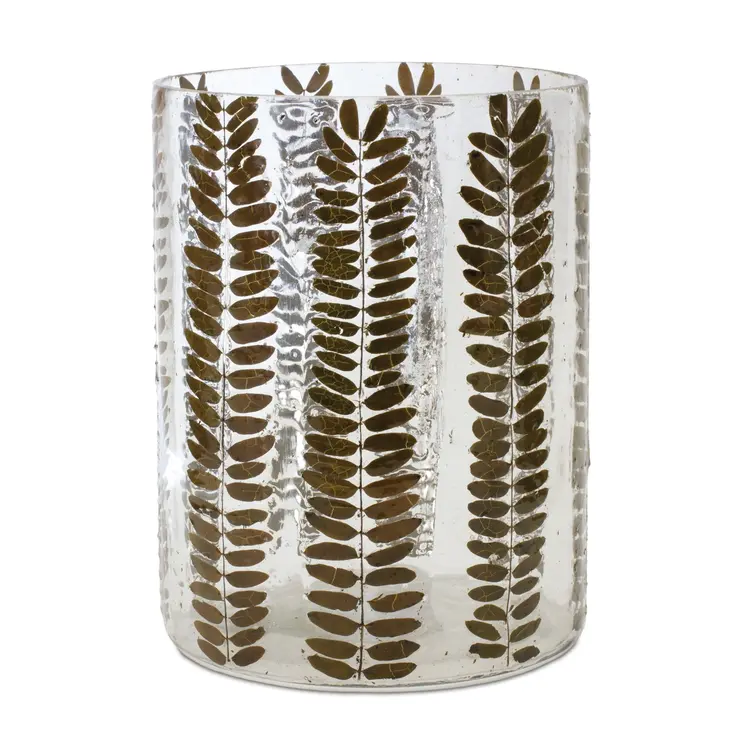 8" Clear And Green Botanical Leaf Glass Tabletop Pillar Candle Holder