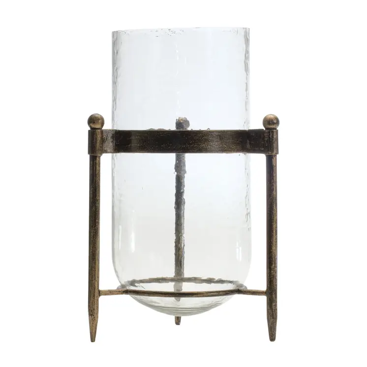 14" Bronze And Clear Glass And Metal Tabletop Hurricane Candle Holder