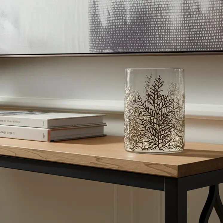 8" Brown And Clear Botanical Leaf Glass Tabletop Pillar Candle Holder