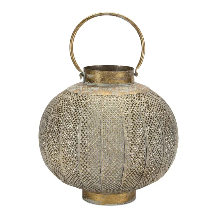 12" Bronze And Green Distressed Lattice Metal Tabletop Lantern Candle Holder