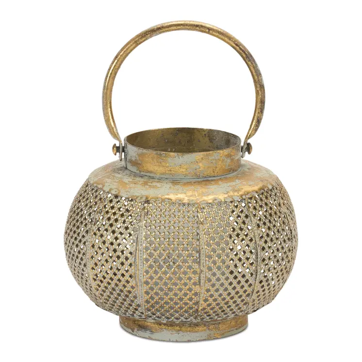 6" Bronze And Green Distressed Lattice Metal Tabletop Lantern Candle Holder