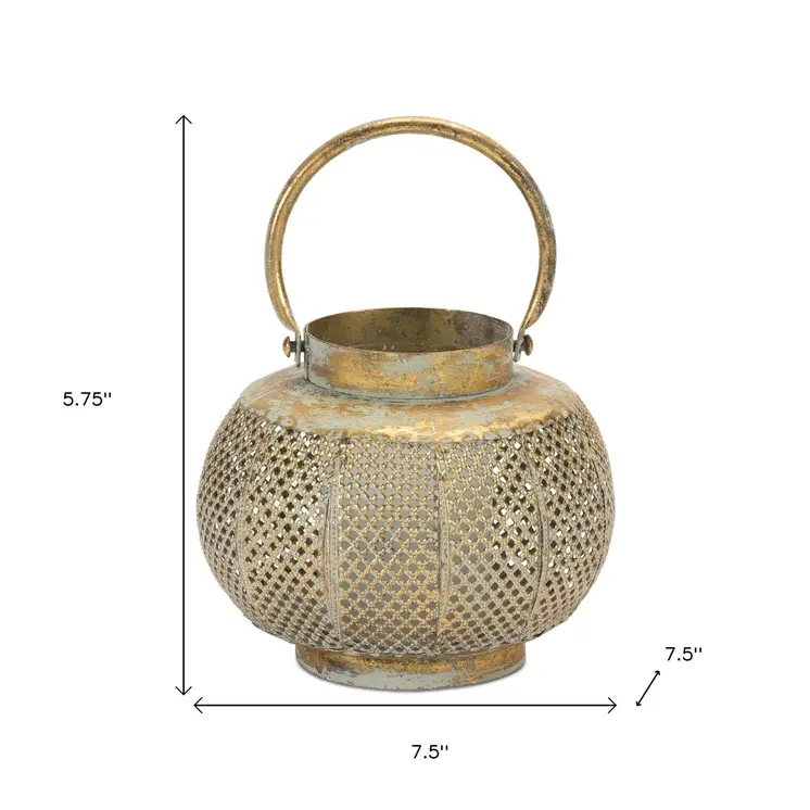 6" Bronze And Green Distressed Lattice Metal Tabletop Lantern Candle Holder