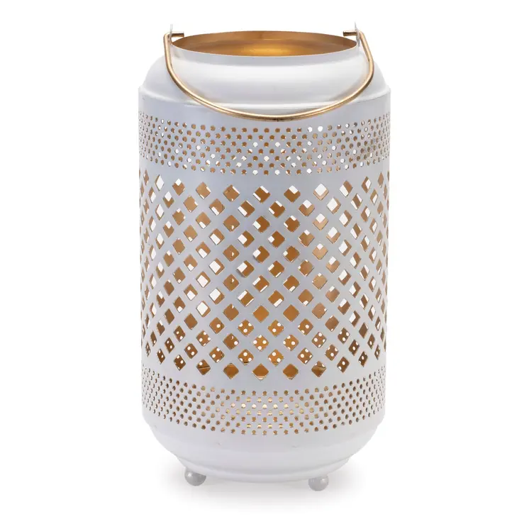 14" White And Gold Pierced Lattice Metal Lantern Candle Holder