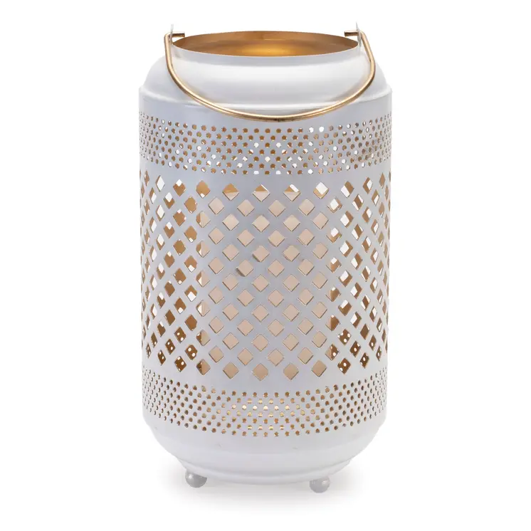 14" White And Gold Pierced Lattice Metal Lantern Candle Holder