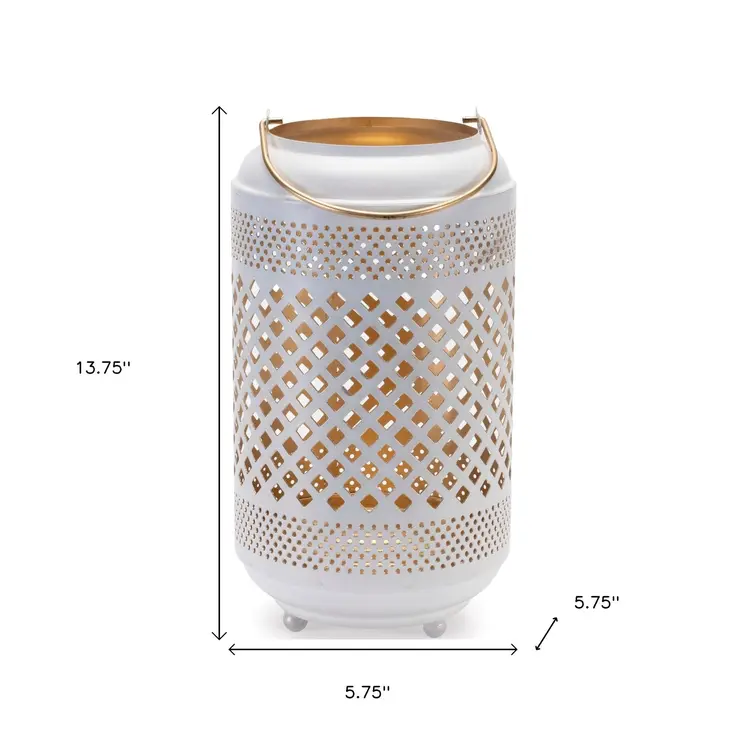 14" White And Gold Pierced Lattice Metal Lantern Candle Holder
