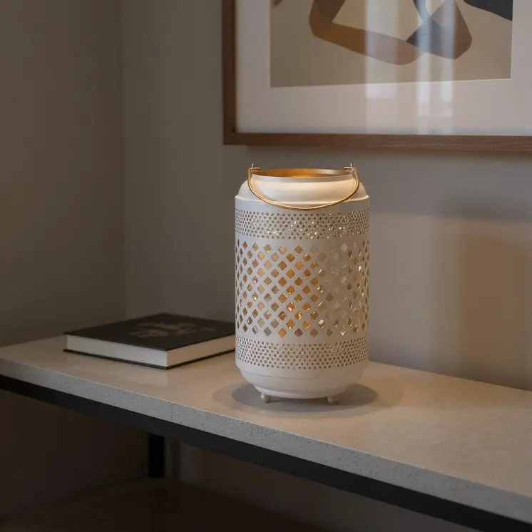 14" White And Gold Pierced Lattice Metal Lantern Candle Holder