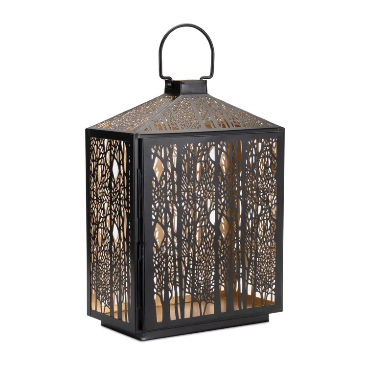 16" Black And Gold Pierced Floral Metal Lantern Candle Holder