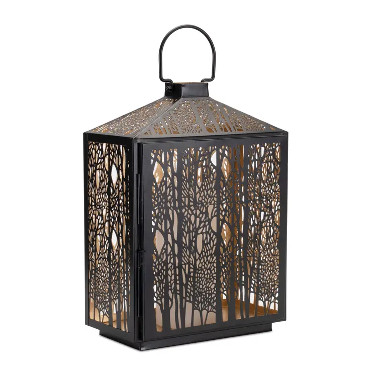 16" Black And Gold Pierced Floral Metal Lantern Candle Holder