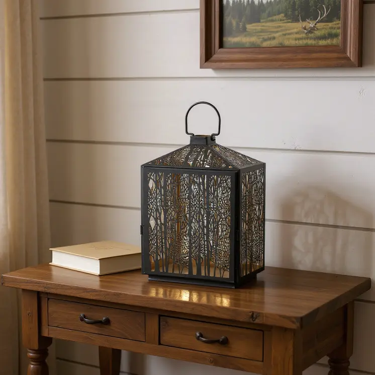16" Black And Gold Pierced Floral Metal Lantern Candle Holder