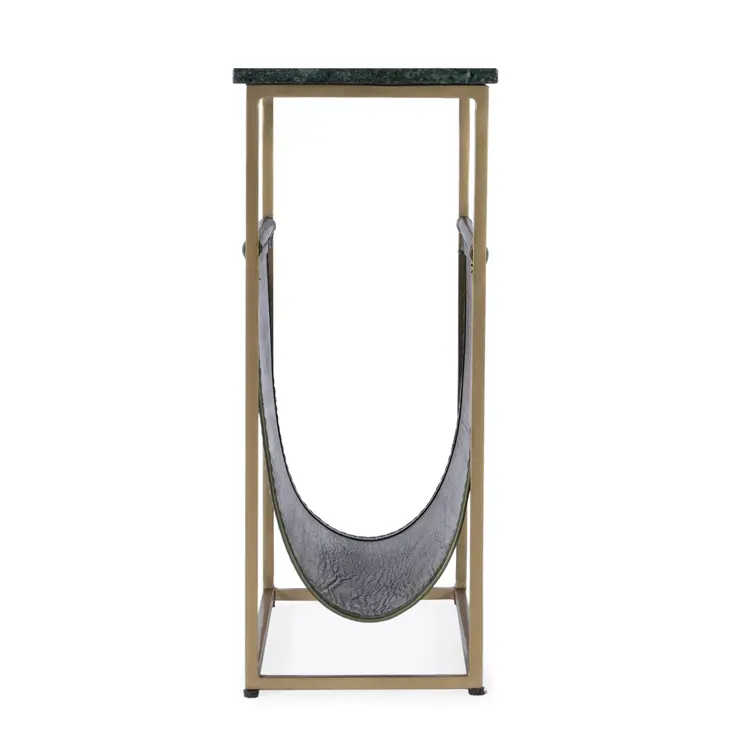22" Green and Gold Marble and Iron Frame End Table With Magazine Holder