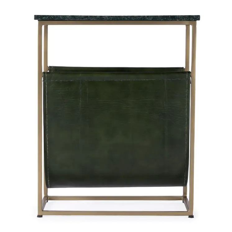 22" Green and Gold Marble and Iron Frame End Table With Magazine Holder