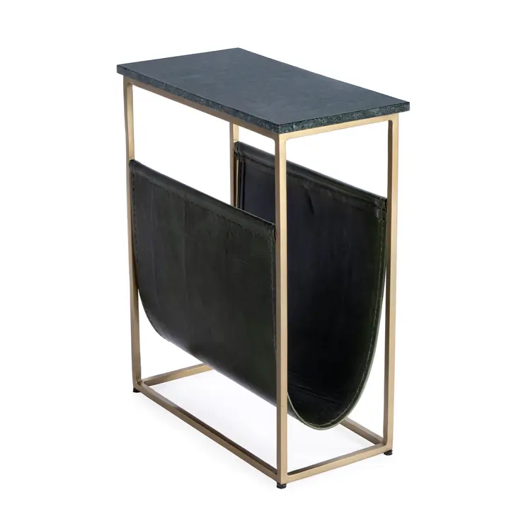 22" Green and Gold Marble and Iron Frame End Table With Magazine Holder