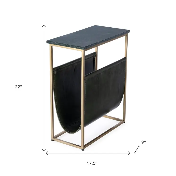 22" Green and Gold Marble and Iron Frame End Table With Magazine Holder
