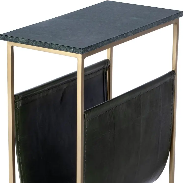 22" Green and Gold Marble and Iron Frame End Table With Magazine Holder
