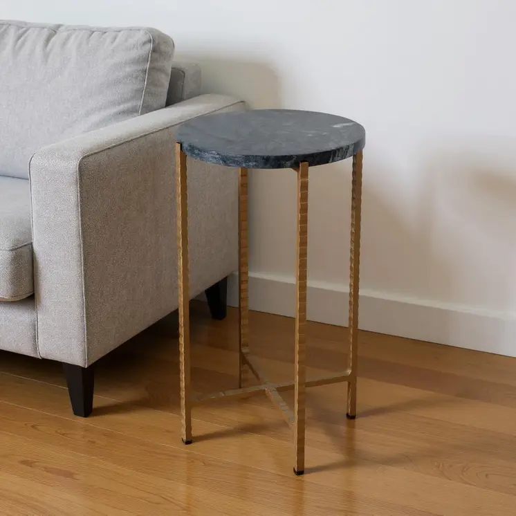 21" Green and Gold Marble and Iron Round End Table