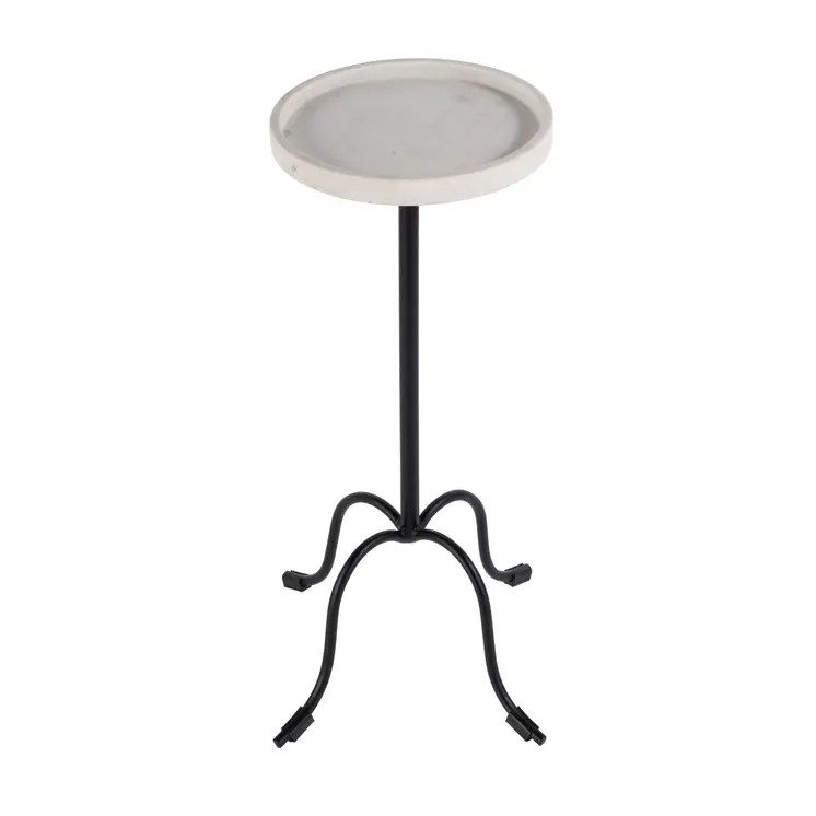 25" White and Black Marble and Iron Round Pedestal End Table