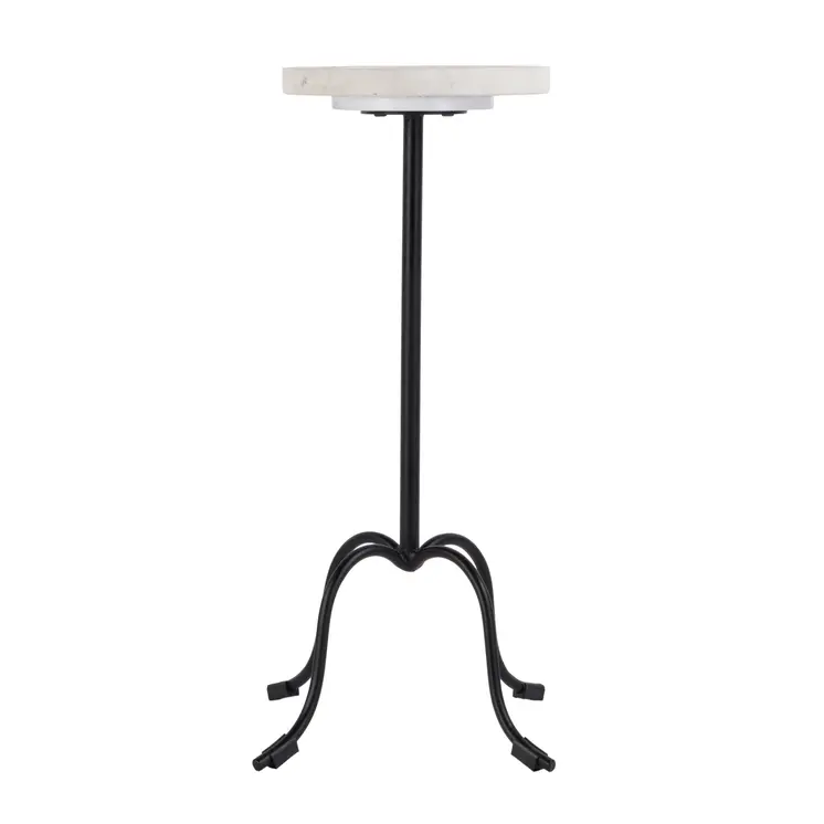 25" White and Black Marble and Iron Round Pedestal End Table