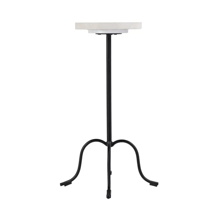 25" White and Black Marble and Iron Round Pedestal End Table