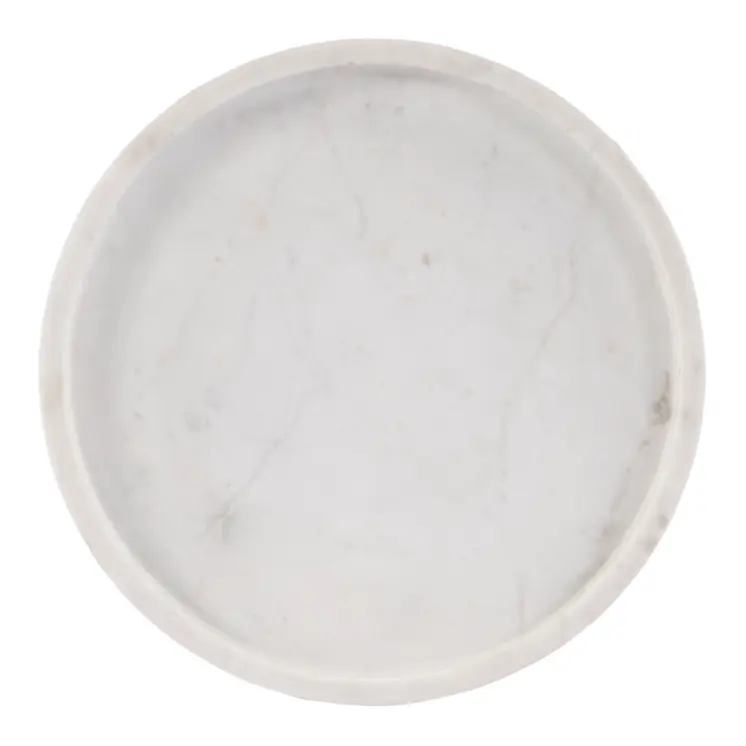 25" White and Black Marble and Iron Round Pedestal End Table