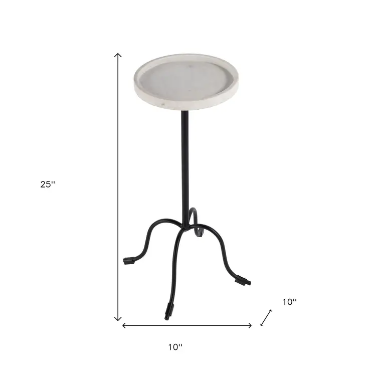 25" White and Black Marble and Iron Round Pedestal End Table