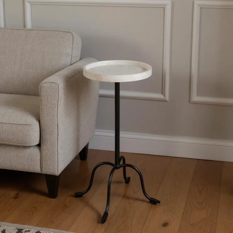 25" White and Black Marble and Iron Round Pedestal End Table