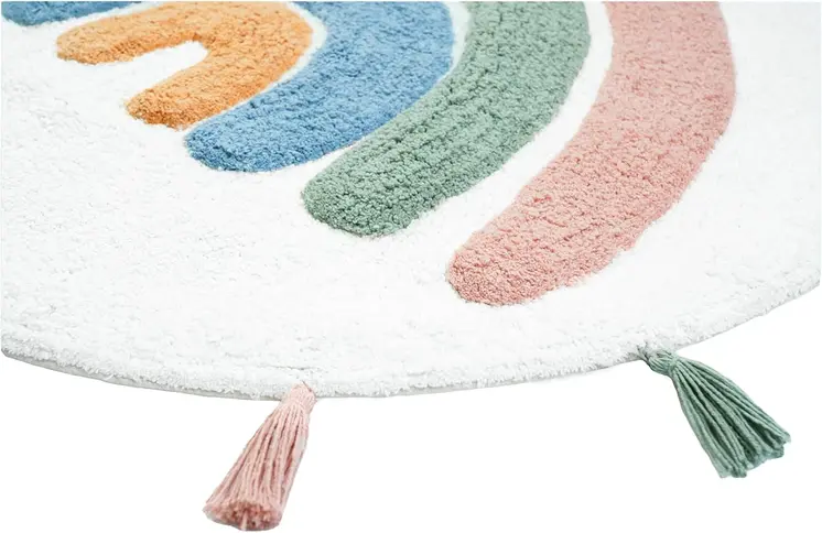 32" White Blue And Pink Cotton Rainbows Round Youthful Bath Rug