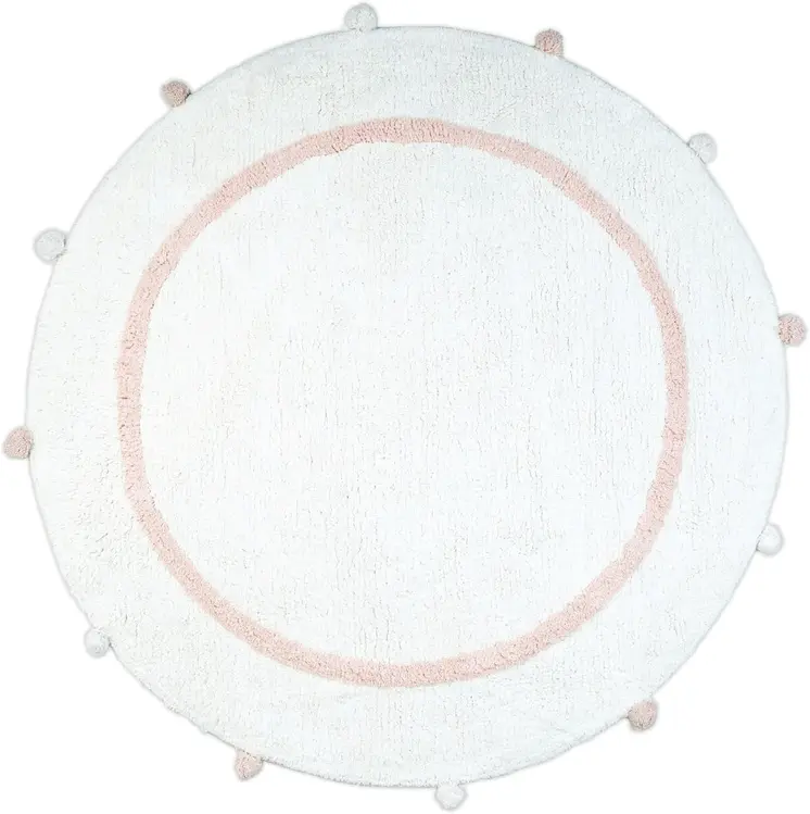 32" White And Light Pink Cotton Round Striped Bath Rug