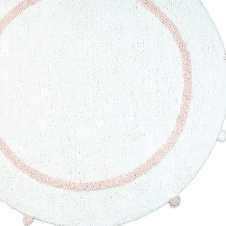32" White And Light Pink Cotton Round Striped Bath Rug