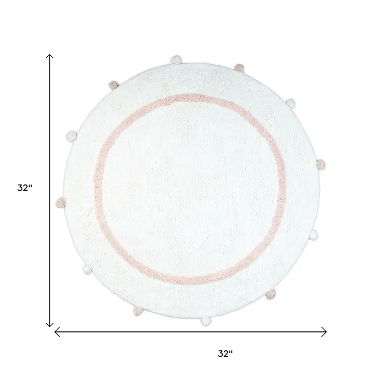 32" White And Light Pink Cotton Round Striped Bath Rug