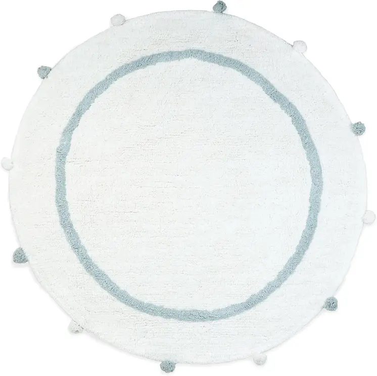 32" White And Baby Blue Cotton Round Striped Bath Rug