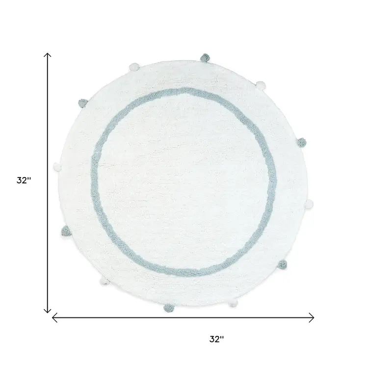 32" White And Baby Blue Cotton Round Striped Bath Rug
