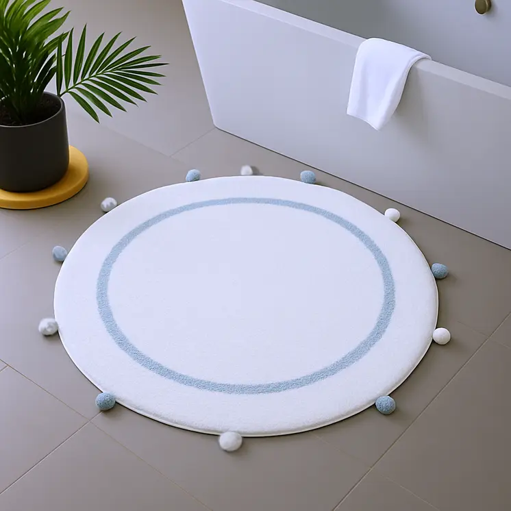 32" White And Baby Blue Cotton Round Striped Bath Rug