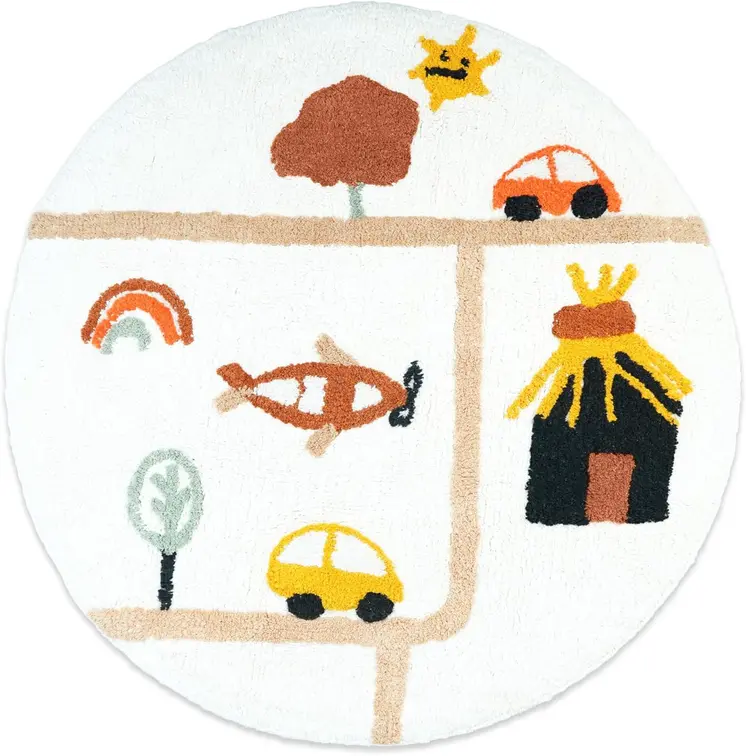 32" White Yellow And Red Cotton Cars Round Youthful Bath Rug